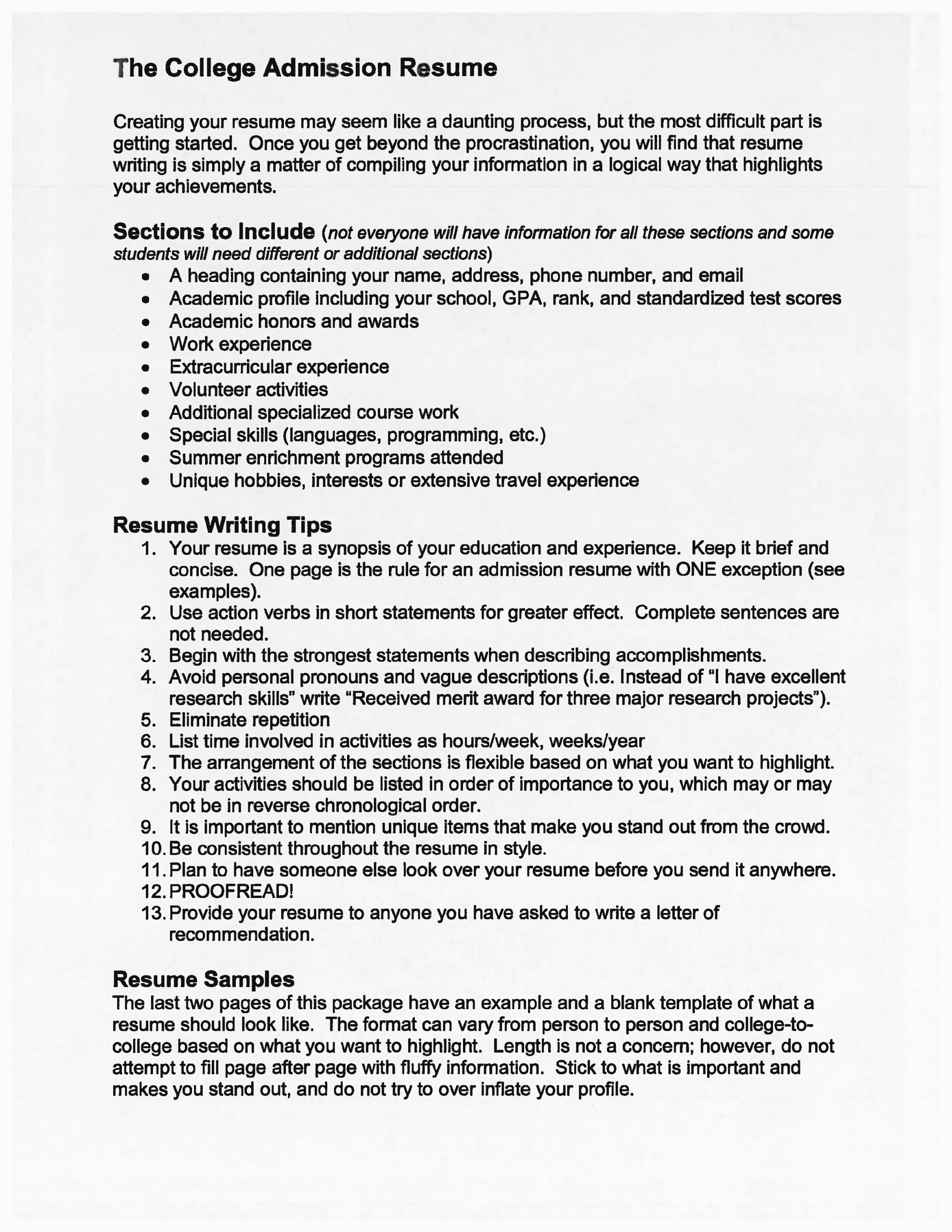 Sample Resume Objective for College Application the College Admission Resume Free Download