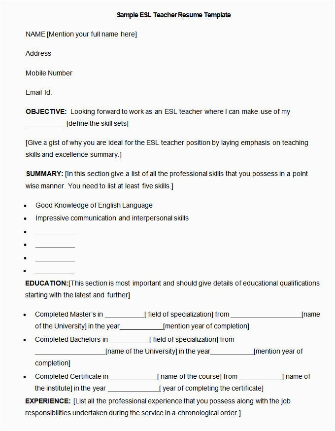 Sample Resume Objective for Esl Teacher Resume Templates – 127 Free Samples Examples & format