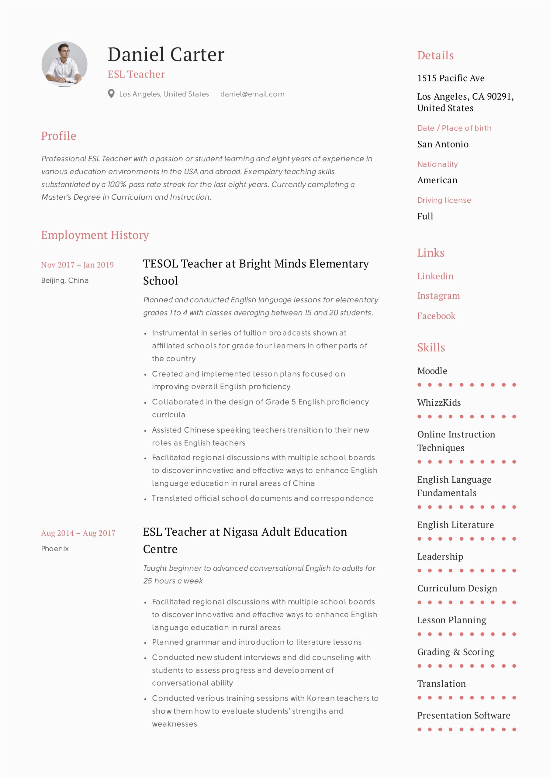 Sample Resume Objective for Esl Teacher Resumes for Esl Teachers Free Resume Templates