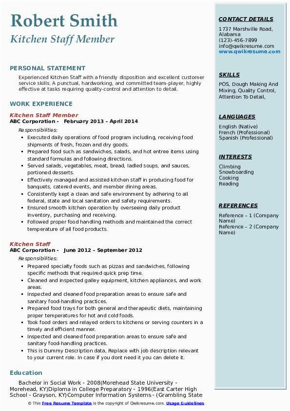 Sample Resume Objective for Kitchen Staff Kitchen Staff Resume Samples