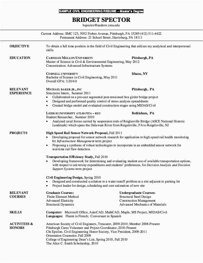 Sample Resume Objective for Masters Program Resume for Master Degree Civil Engineering with Images