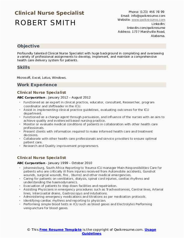 Sample Resume Of Clinical Nurse Specialist Clinical Nurse Specialist Resume Samples
