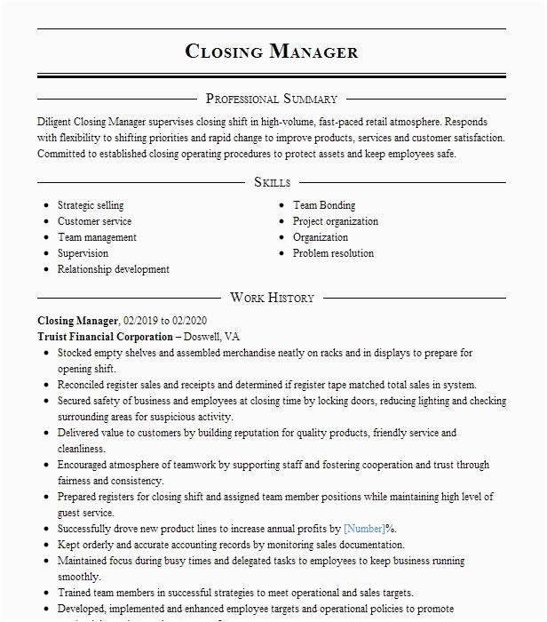 Sample Resume Of Closing Team Leader Closing Manager Resume Example Ga Resource Capital Inc Charleston