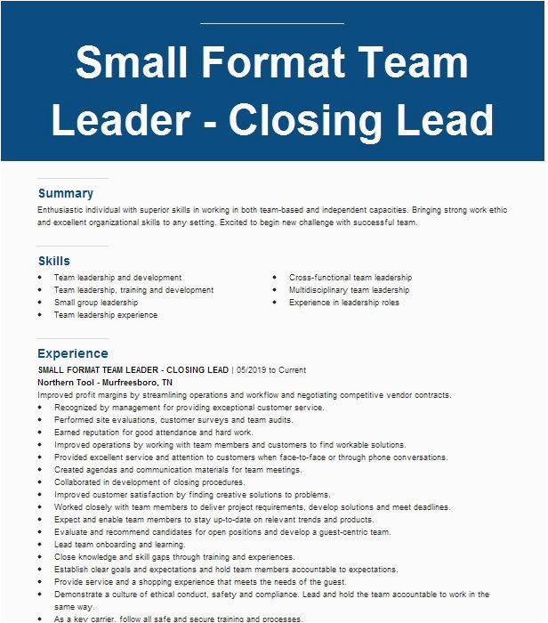 Sample Resume Of Closing Team Leader Closing Team Lead Resume Example Pany Name Ocoee Florida