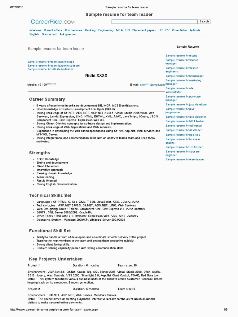 Sample Resume Of Closing Team Leader Sample Resume for Team Leader Ajax Programming