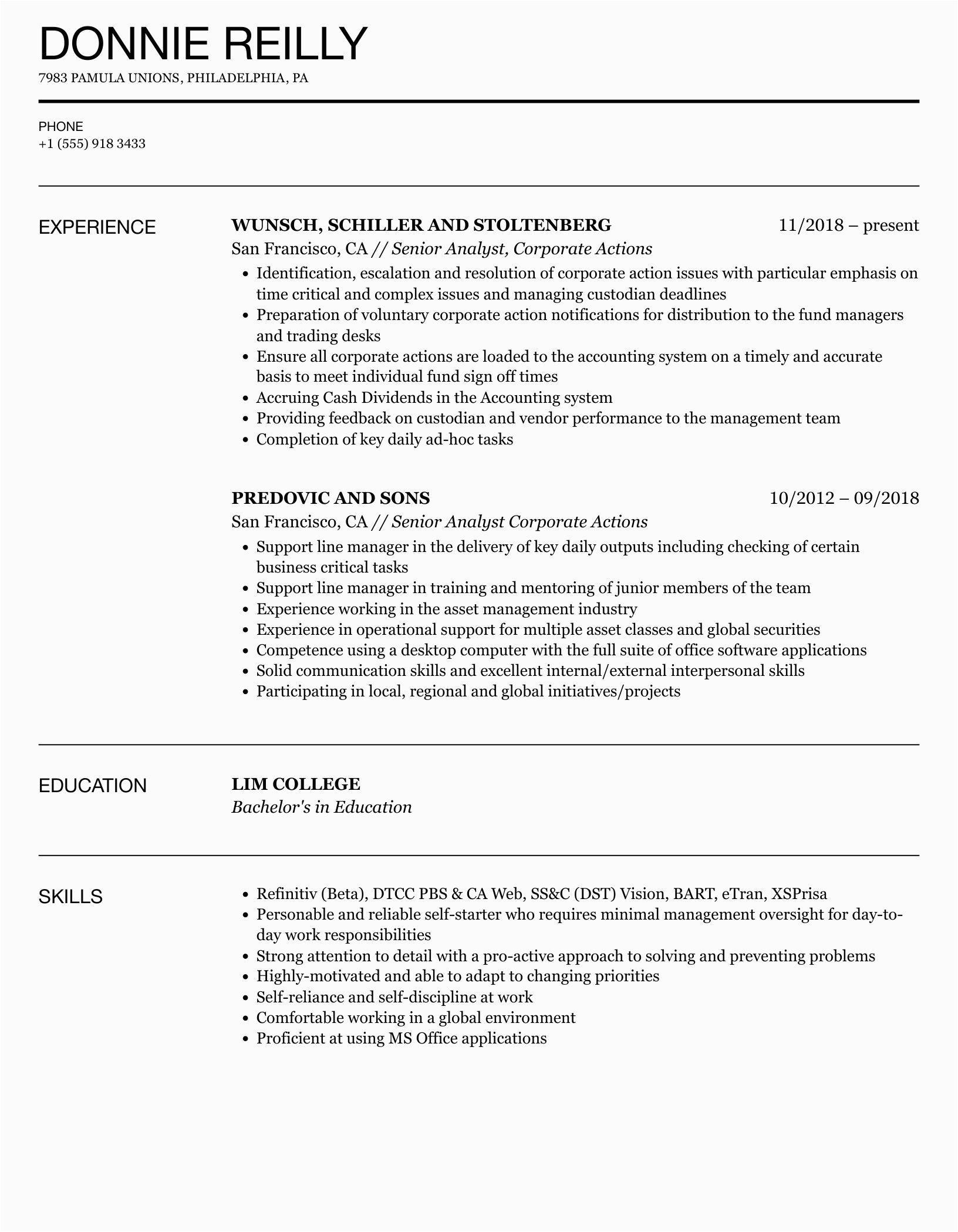 Sample Resume Of Corporate Actions Analyst Analyst Corporate Actions Resume Samples