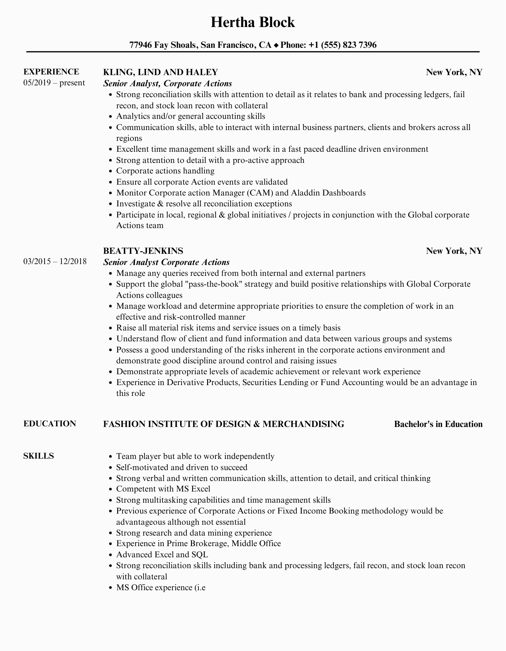 Sample Resume Of Corporate Actions Analyst Analyst Corporate Actions Resume Samples