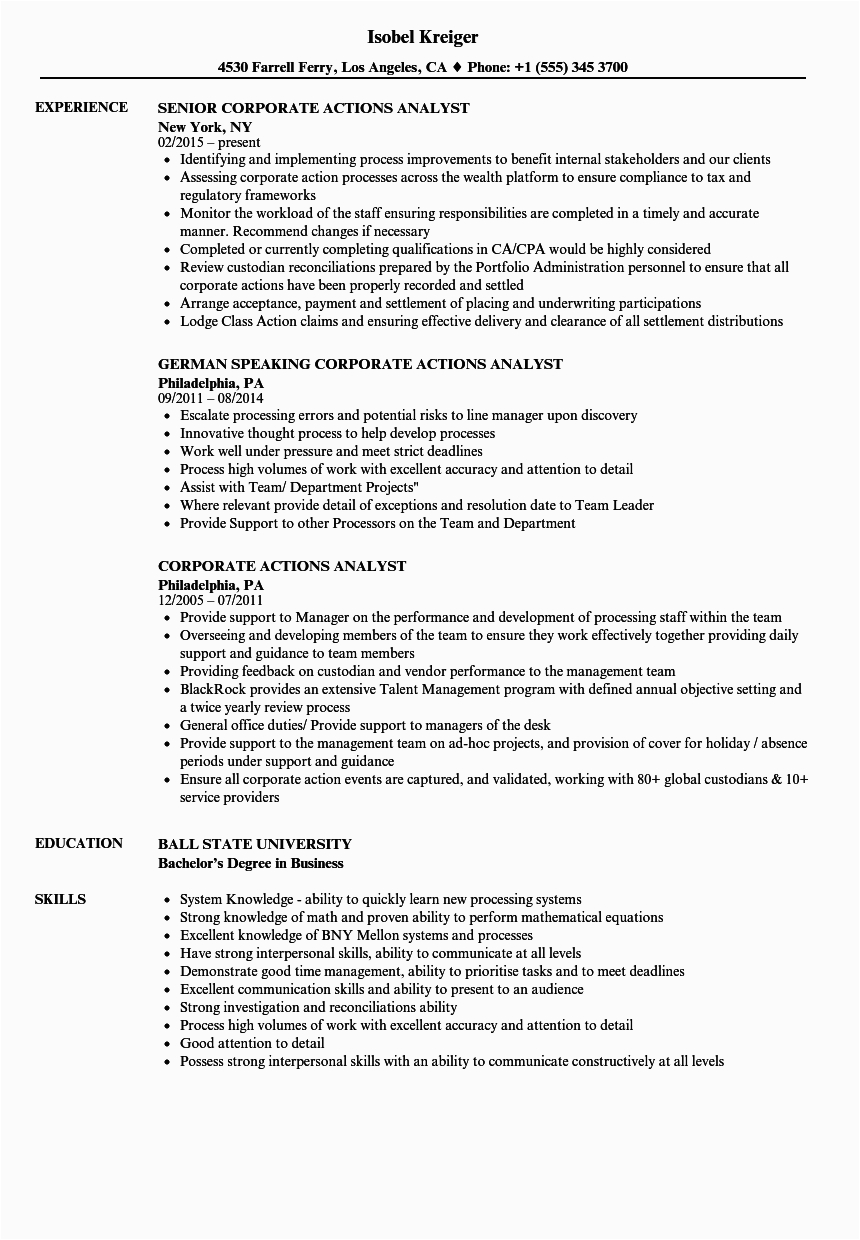 Sample Resume Of Corporate Actions Analyst Corporate Actions Analyst Resume Samples