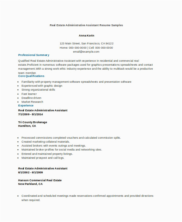 Sample Resume Real Estate Administrative assistant 12 Administrative assistant Resumes Free Sample Example format