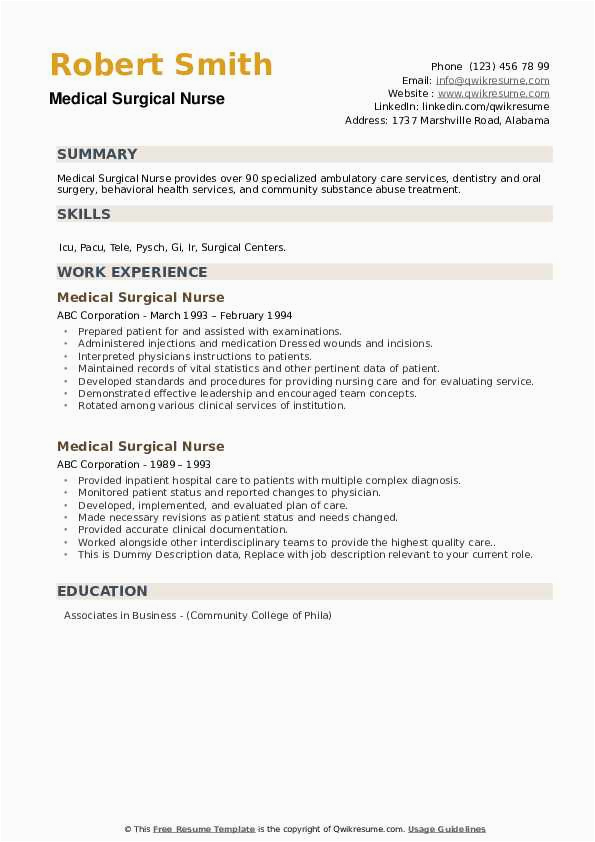 Sample Resume Registered Nurse Med Surg Medical Surgical Nurse Resume Samples