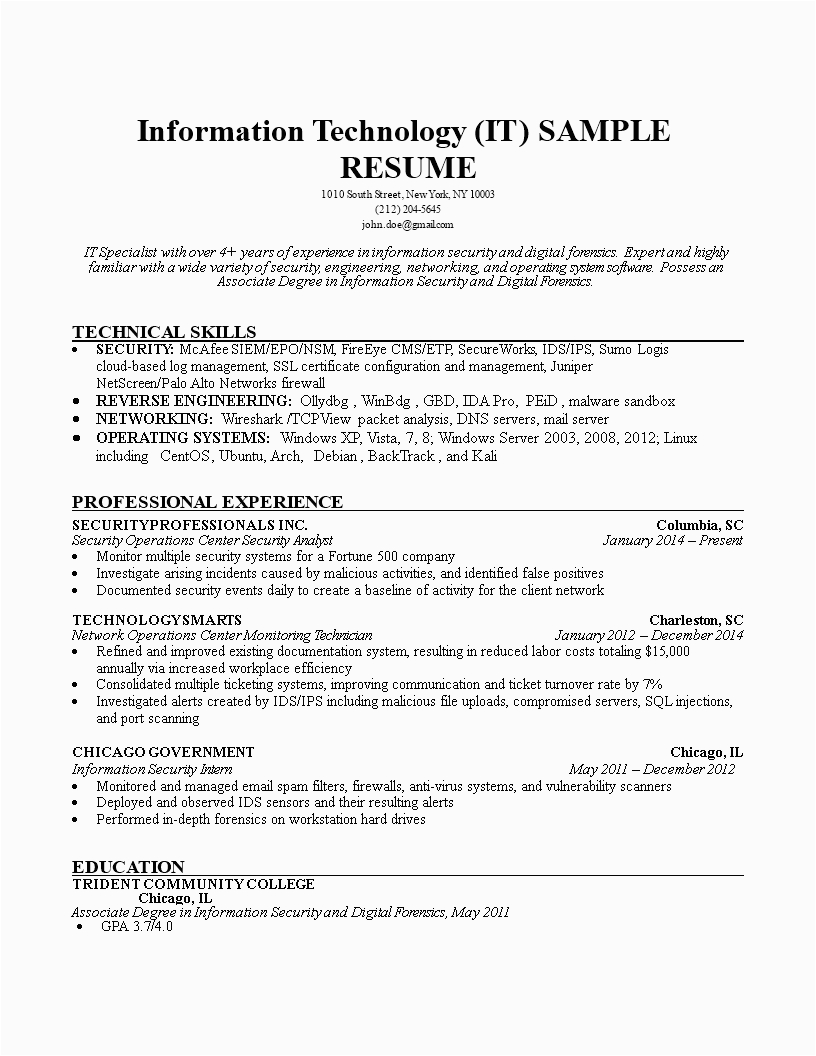 Sample Resumes for Information Technology Multiple Companies Information Technology It Resume
