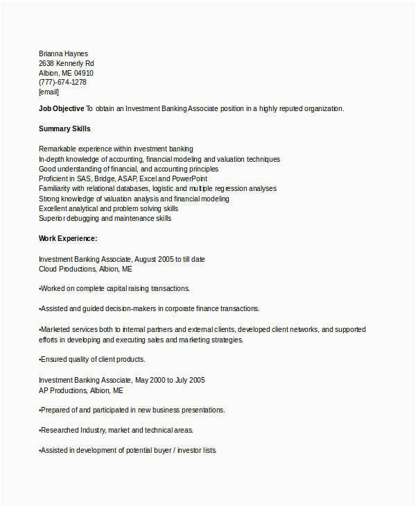Sample Resumes for Investment Banking Operations 30 Basic Banking Resume Templates Pdf Doc