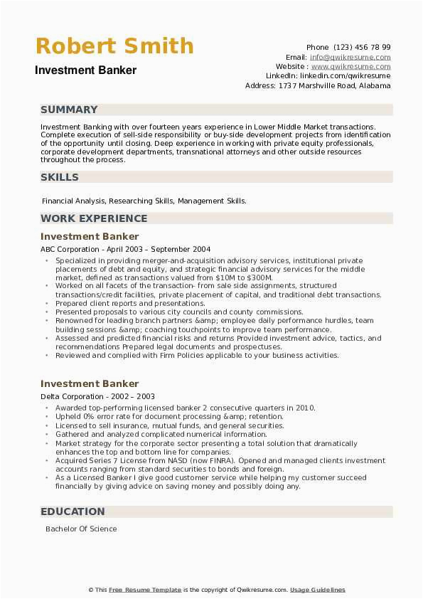 Sample Resumes for Investment Banking Operations Investment Banker Resume Samples