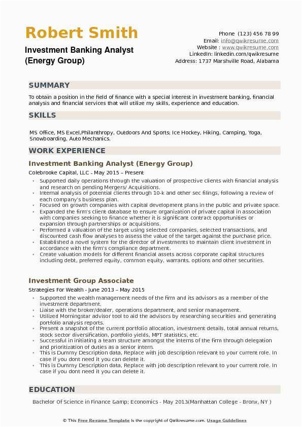 Sample Resumes for Investment Banking Operations Investment Banking Analyst Resume Samples