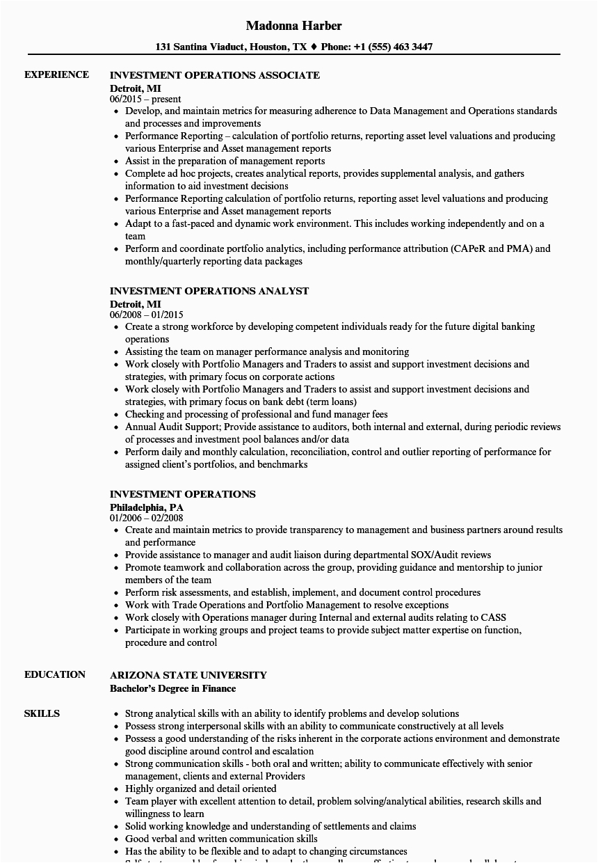 Sample Resumes for Investment Banking Operations Investment Operations Resume Samples