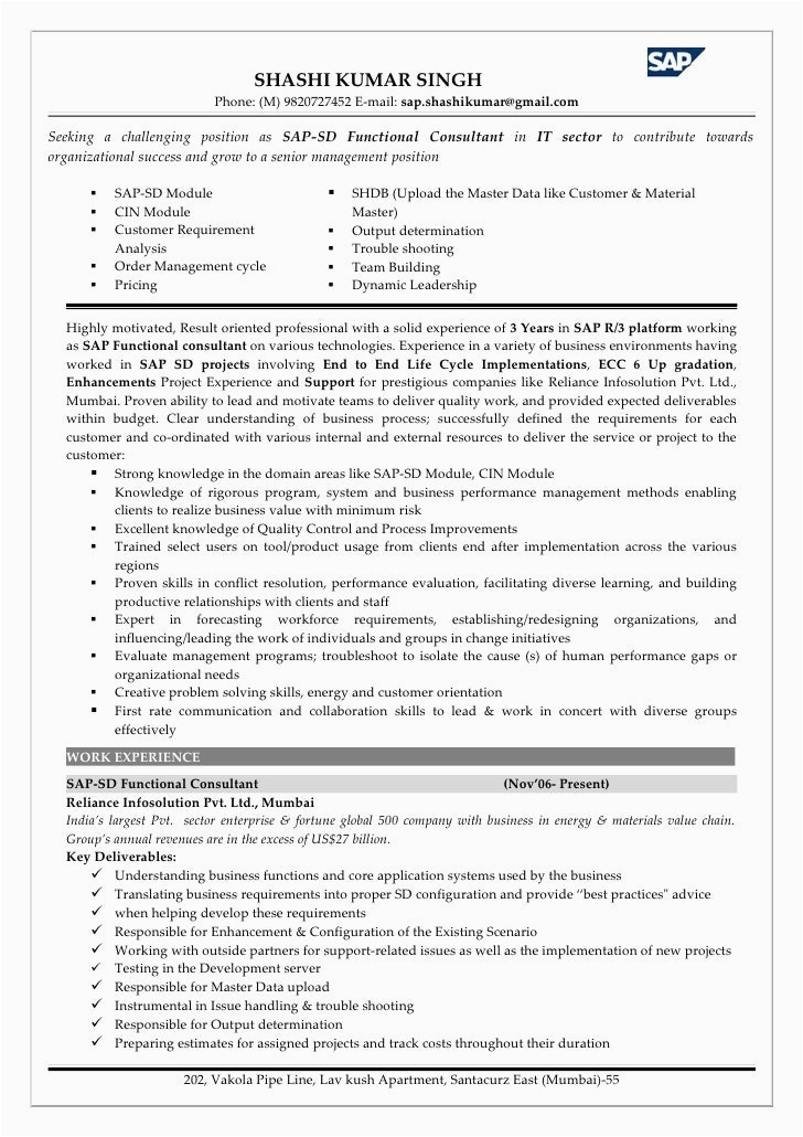 Sap Sd Techno Functional Consultant Sample Resume Sap Sd Functional Consultant
