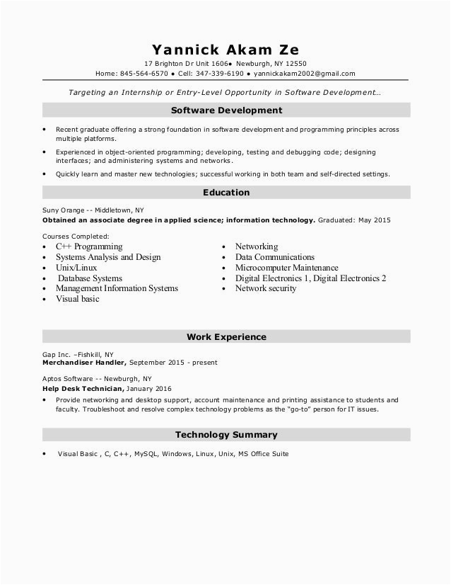 Software Developer Sample Resume Entry Level Resume software Developer Entry Level