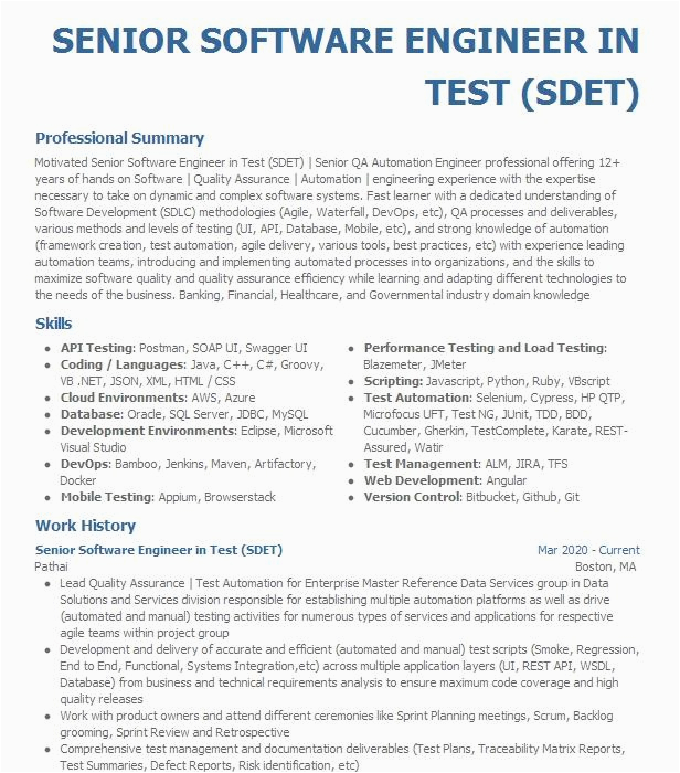 Software Development Engineer In Test Resume Sample Senior software Engineer In Test Sdet Resume Example Costar Group