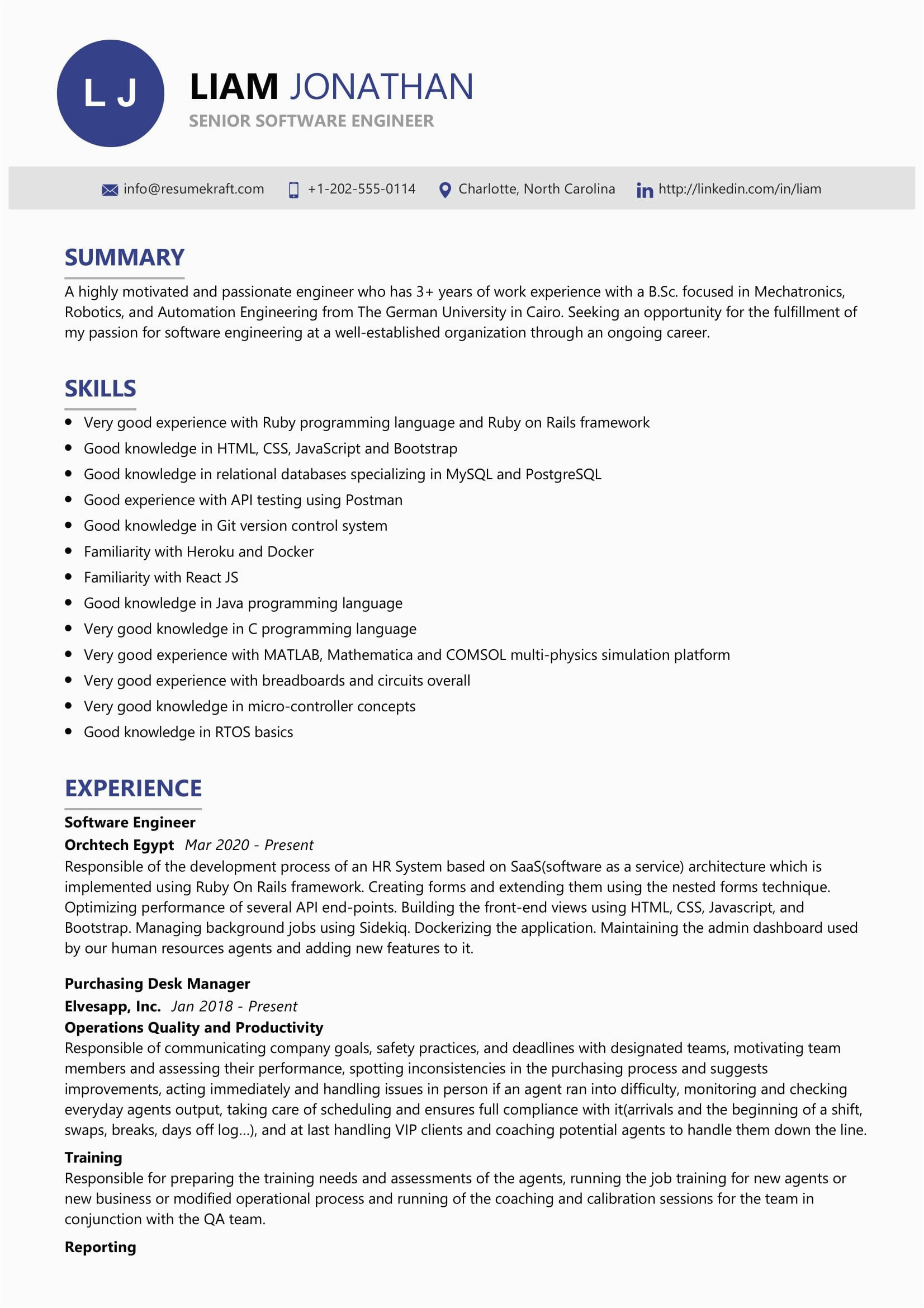 Software Engineer Experience Resume format Sample Senior software Engineer Resume Sample 2022