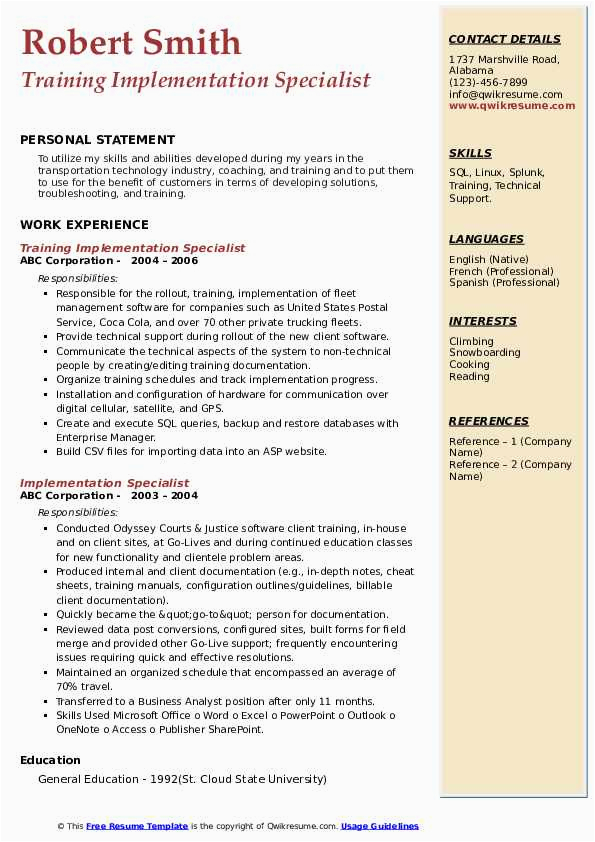 Technical software and Implementation Specialist Sample Resume Implementation Specialist Resume Samples