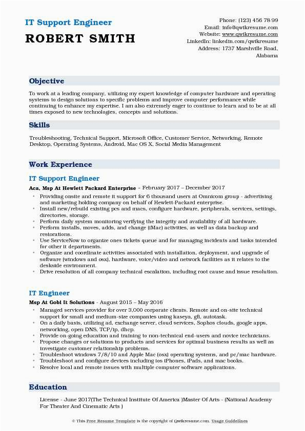Technical Support Engineer Freshers Resume Samples It Support Engineer Resume Samples