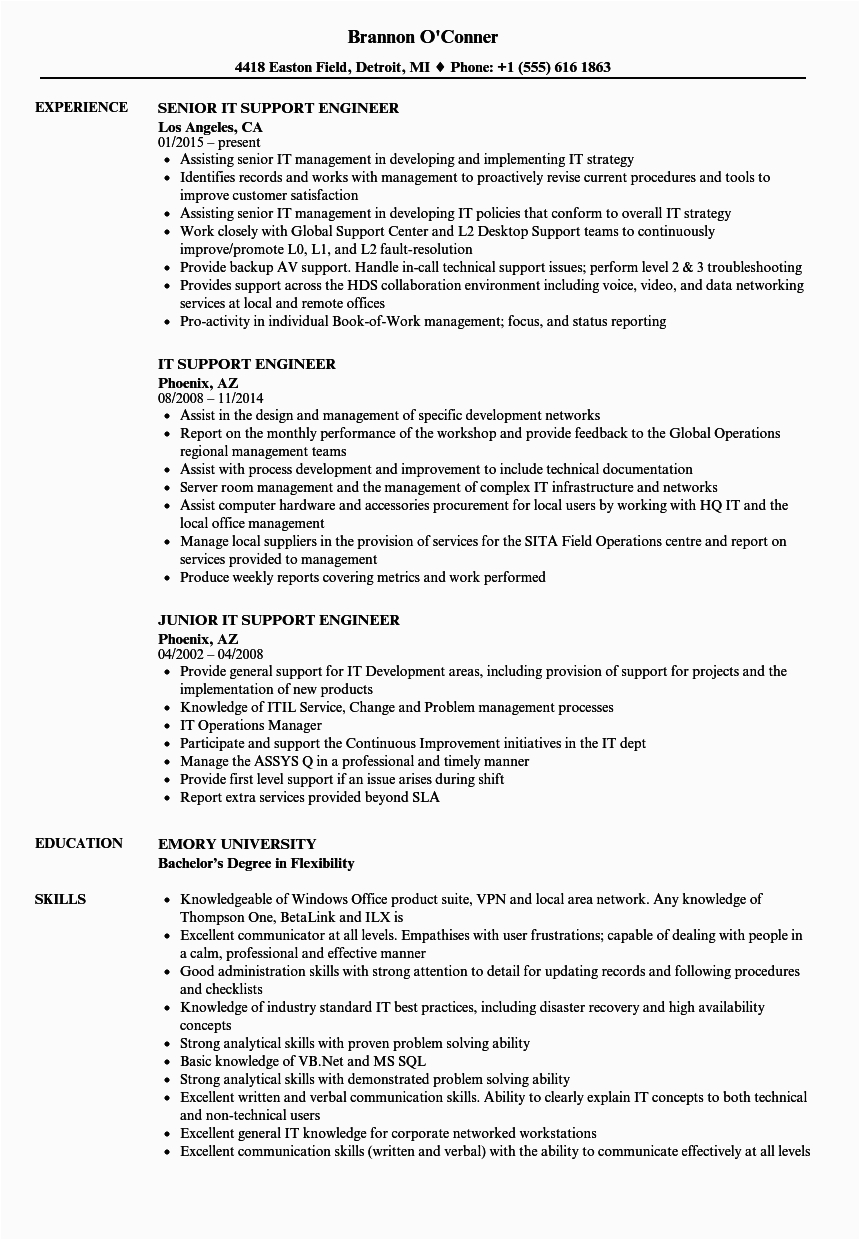 Technical Support Engineer Freshers Resume Samples L1 Support Engineer Resume Huroncountychamber