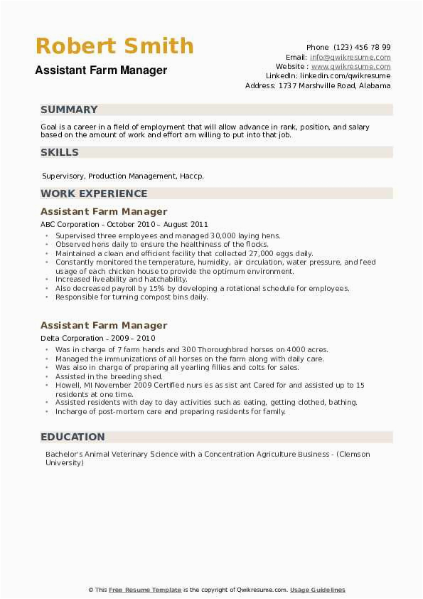 Technical Worker at the Farm Resume Sample assistant Farm Manager Resume Samples