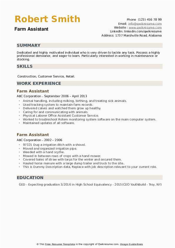 Technical Worker at the Farm Resume Sample Farm assistant Resume Samples