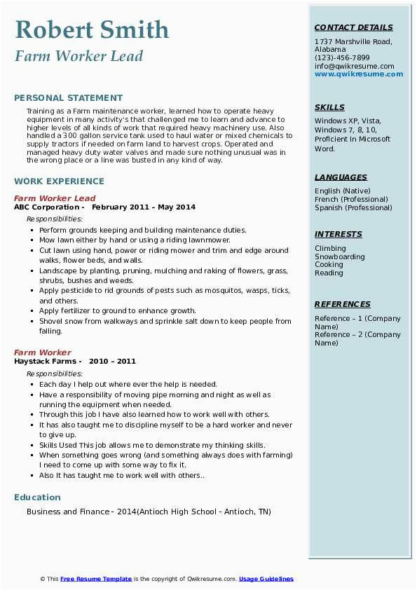 Technical Worker at the Farm Resume Sample Farm Worker Resume Samples