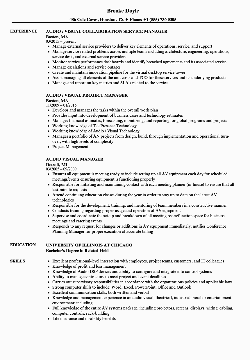 Visual Resume Sample for Project Manager Audio Visual Manager Resume Samples