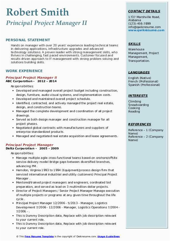 Visual Resume Sample for Project Manager Principal Project Manager Resume Samples