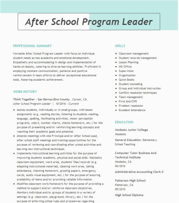 After School Group Leader Sample Resume after School Group Leader Resume Example Agawam Public Schools