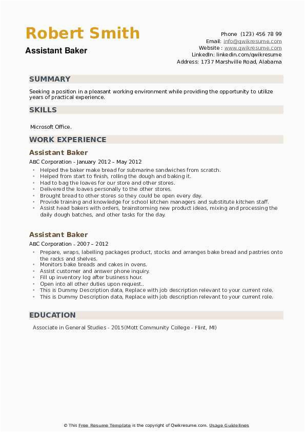 Bakery and Cooking assistant Resume Sample assistant Baker Resume Samples