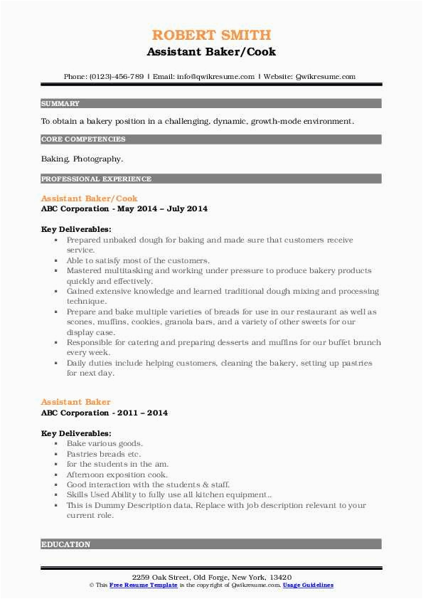 Bakery and Cooking assistant Resume Sample assistant Baker Resume Samples