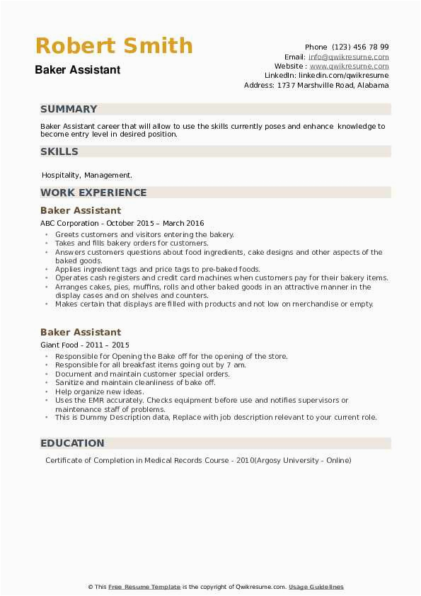Bakery and Cooking assistant Resume Sample Baker assistant Resume Samples