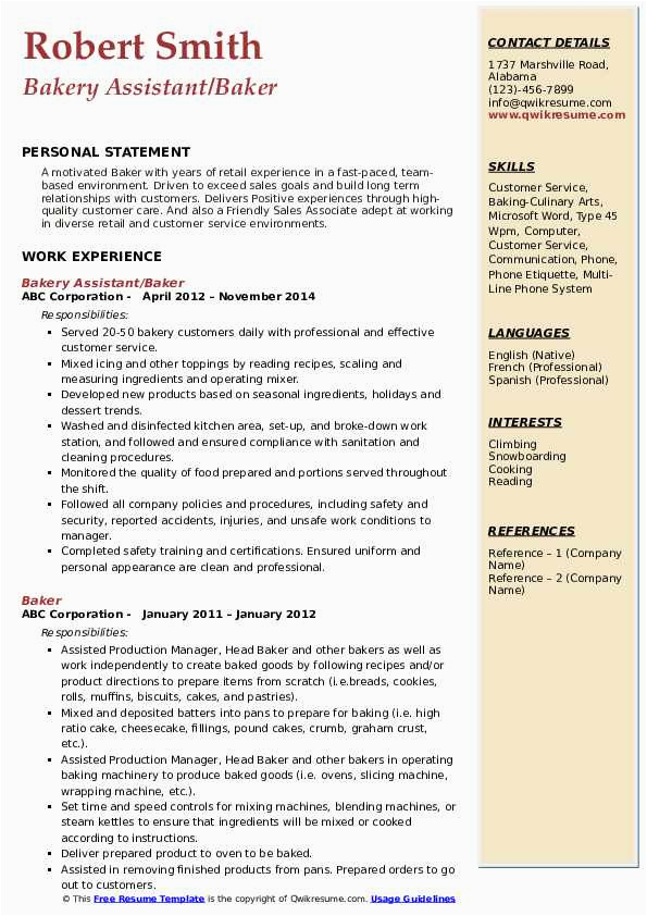 Bakery and Cooking assistant Resume Sample Baker Resume Samples