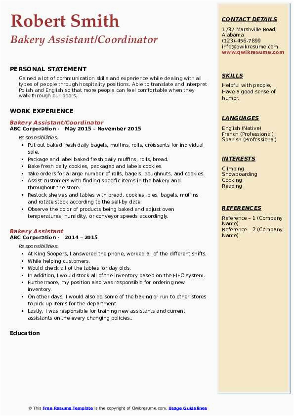 Bakery and Cooking assistant Resume Sample Bakery assistant Resume Samples