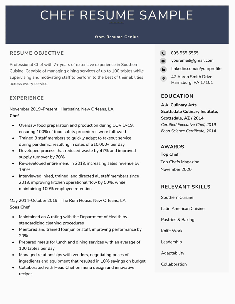 Chef Resume Sample by Resume Genius Chef Resume Example & Writing Guide