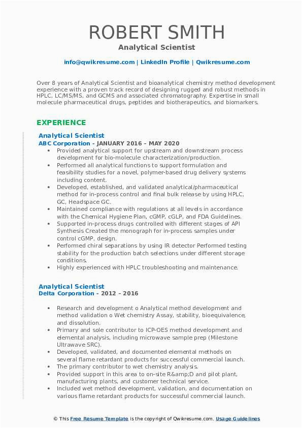 Chemical Characterization Using Hplc Resume Sample Analytical Scientist Resume Samples