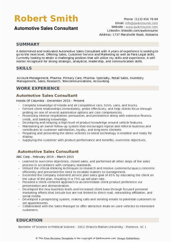 Dealer Sales Consultant Resume Summary Objective Sample Resume Car Sales Consultant Mryn ism