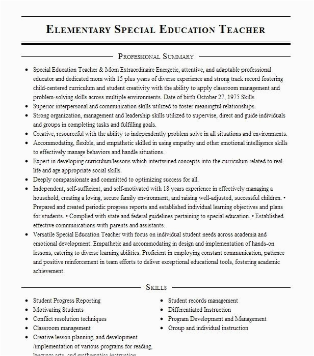 Elementary Special Education Teacher Resume Sample Elementary Special Education Teacher Resume Example Calhoun