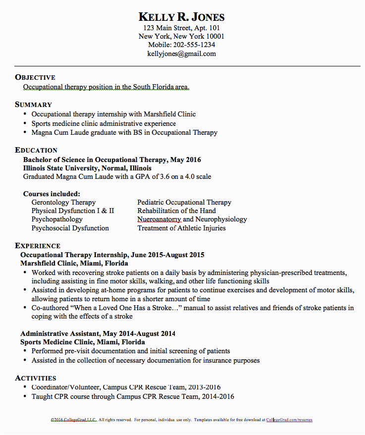 Entry Level Occupational therapist Resume Sample Cota L