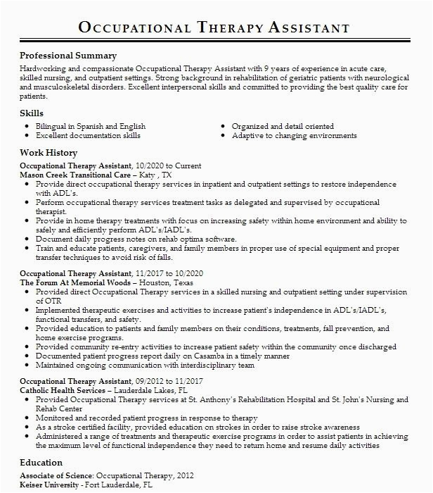 Entry Level Occupational therapist Resume Sample Resume for Occupational therapy Mryn ism