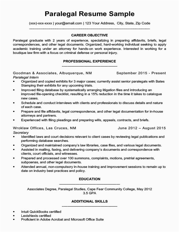 Entry Level Paralegal Resume Objective Sample Paralegal Resume Sample & Writing Tips