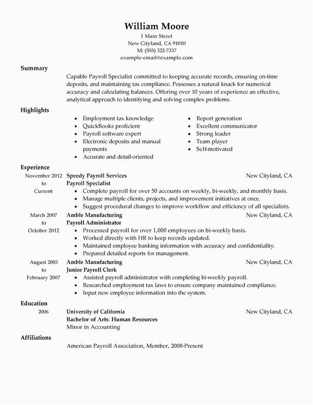 Entry Level Payroll Specialist Resume Sample Payroll Accountant Resume