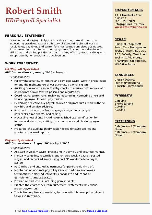 Entry Level Payroll Specialist Resume Sample Payroll Specialist Resume Samples