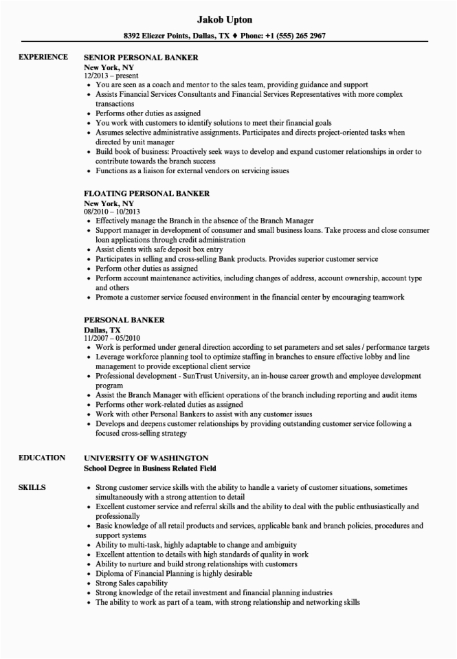 Entry Level Personal Banker Resume Sample Personal Banker Best Resume format for Experienced Banker Personal