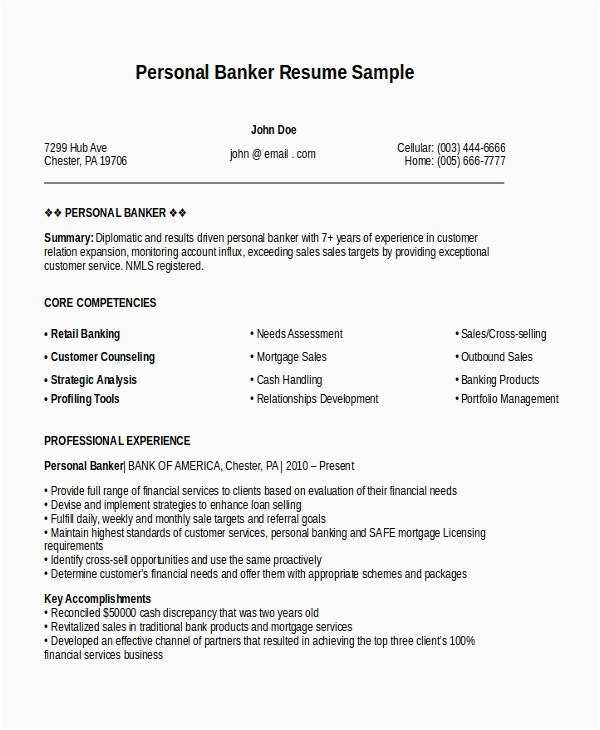 Entry Level Personal Banker Resume Sample Personal Resume Template 6 Free Word Pdf Document Download