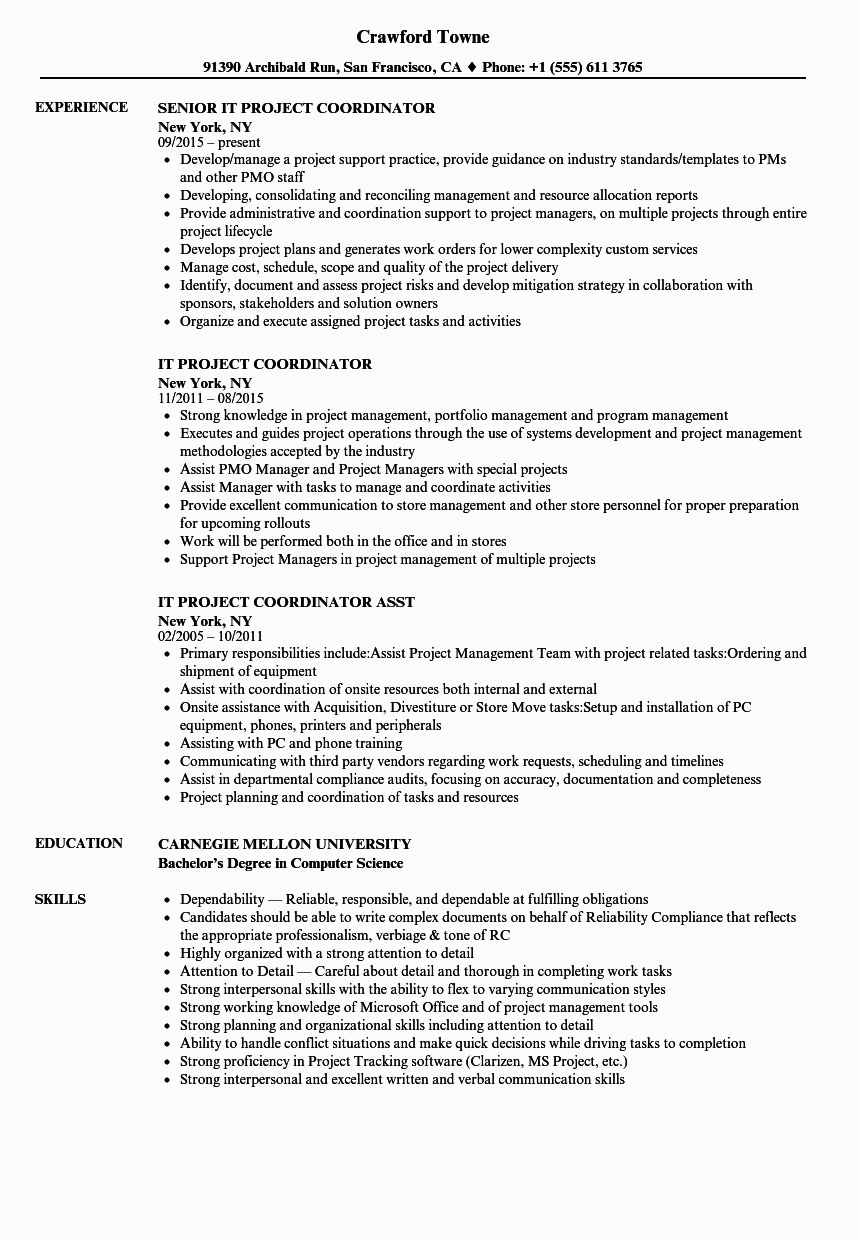 Entry Level Project Coordinator Resume Sample Project Coordinator Resume
