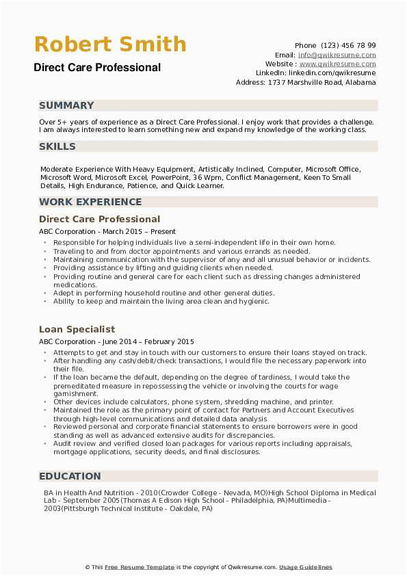 Free Sample Of Direct Care Worker Resume Direct Care Professional Resume Samples